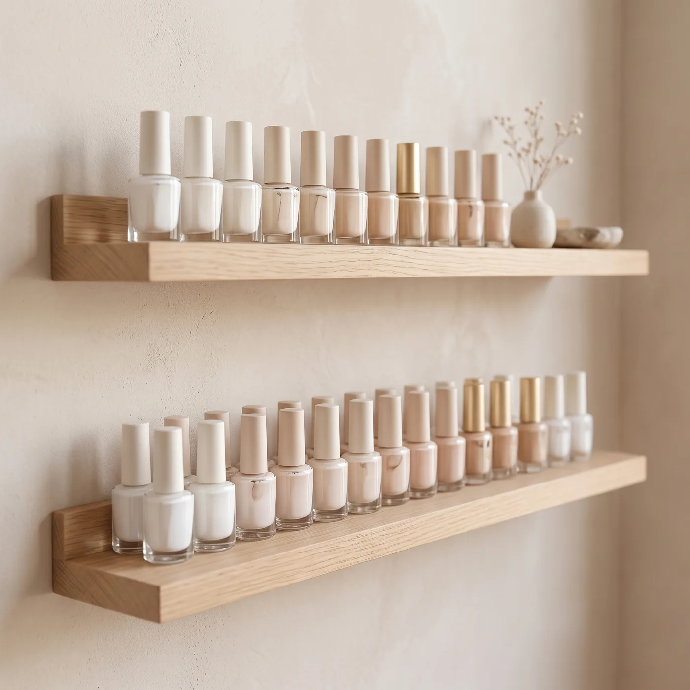 Shelves with nail polish in neutral shades