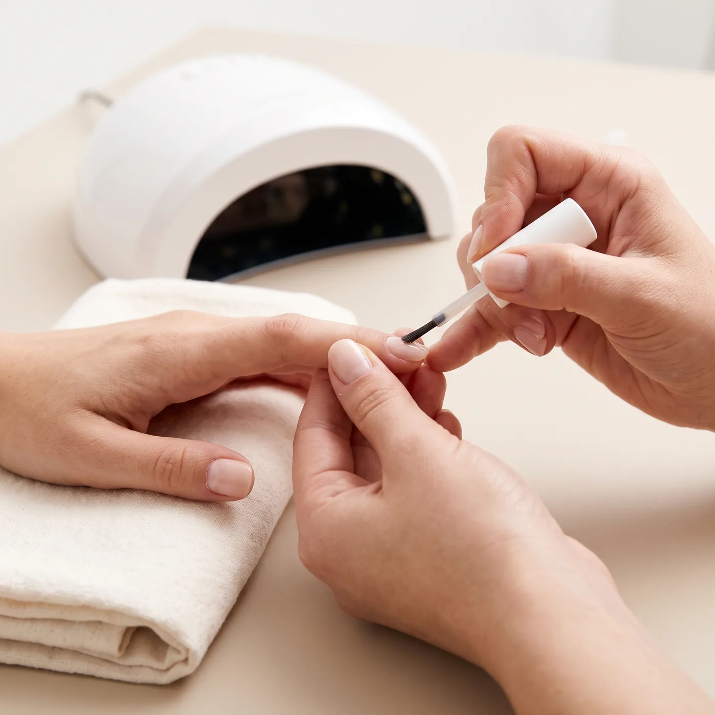 Master applying a base coat to a nail