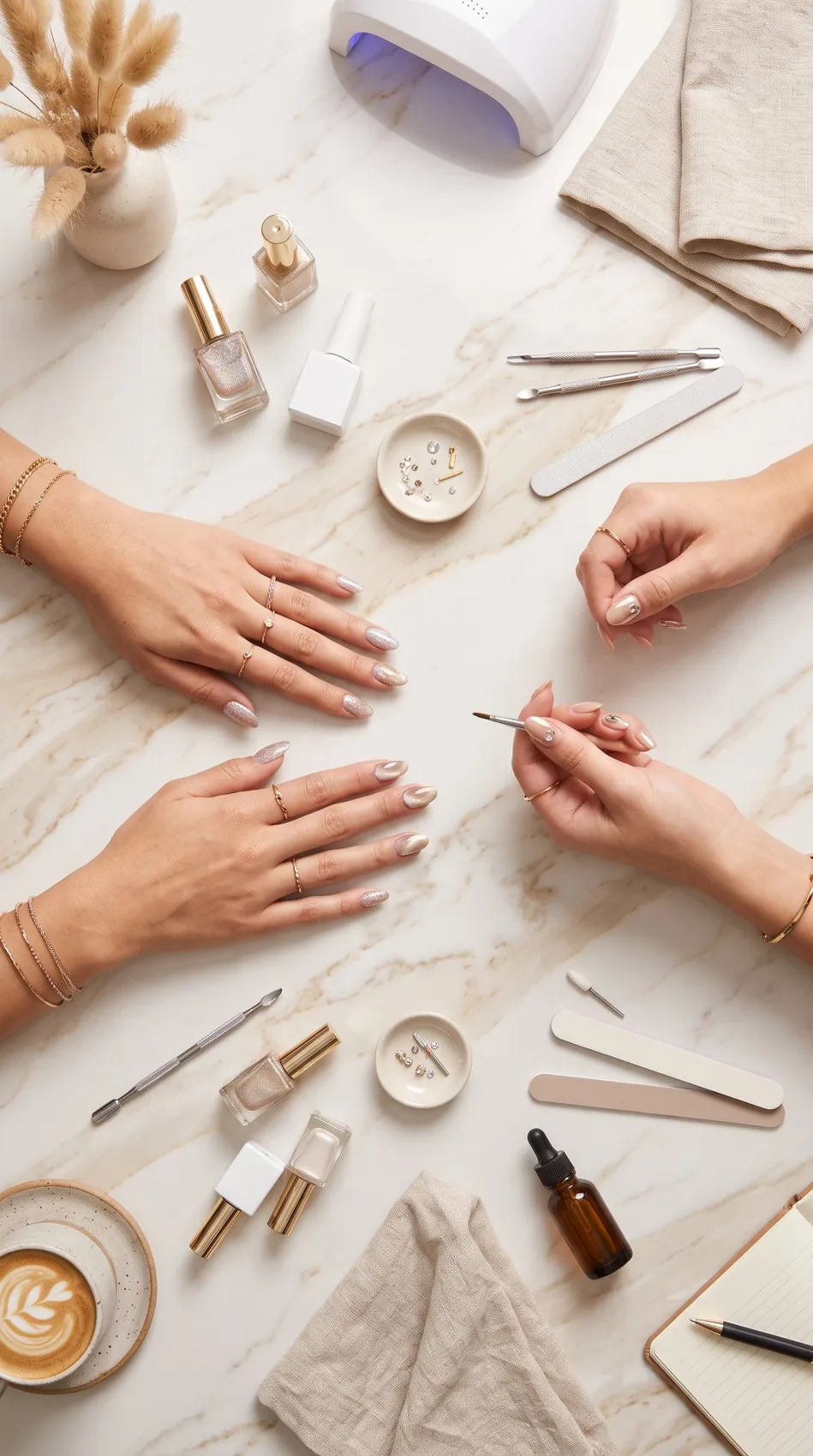 Manicure tools, polishes and hands on a marble table